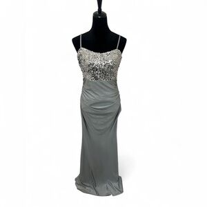 Y2K Silver Sequin Maxi Dress Lace Up Back